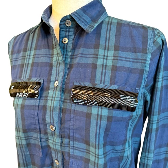 J. Crew Plaid Button Down Shirt Beaded Pockets Blue & Green Size 4 #1809 - Picture 3 of 6
